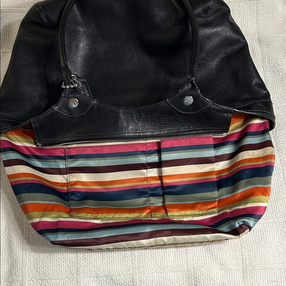 Coach F14383 Bleeker Black Leather Tote with Colorful Striped Interior - Picture 10 of 15